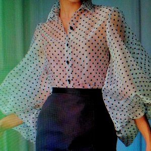 Puffed sleeve Polkadot see through blouse